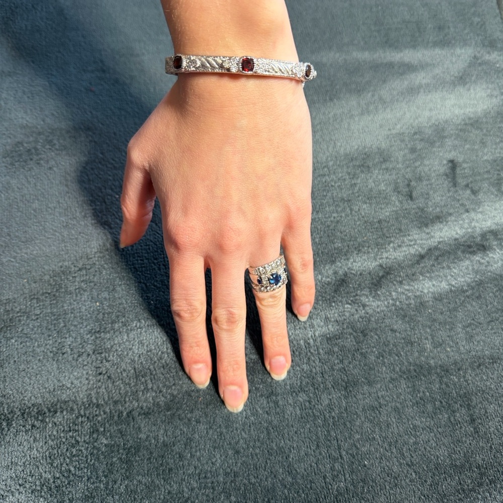 Judith Ripka Sterling Silver 3-Stone Garnet & Diamonique Bangle Bracelet